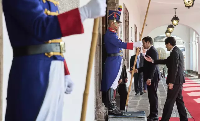 U.S. Secretary of State Marco Rubio, center, arrives at the Palacio de Carondelet to meet with Ecuador's President Daniel Noboa in Quito, Ecuador, Thursday, Sept. 4, 2025. (AP Photo/Jacquelyn Martin, Pool)