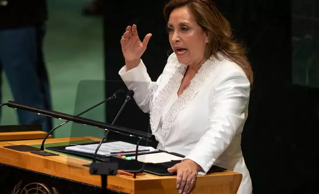 Peru President Dina Boluarte addresses the 80th session of the United Nations General Assembly, Tuesday, Sept. 23, 2025, at U.N. headquarters. (AP Photo/Yuki Iwamura)
