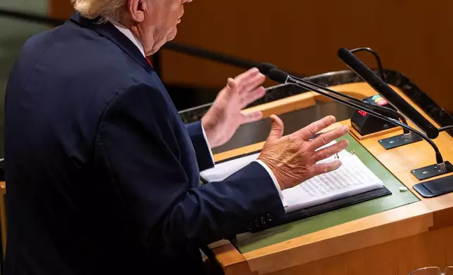 President Donald Trump gestures with his hands as he addresses the 80th session of the United Nations General Assembly, Tuesday, Sept. 23, 2025, at U.N. headquarters. (AP Photo/Angelina Katsanis)