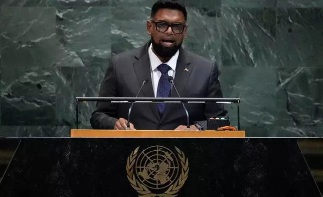 President of Guyana Mohamed Irfaan Ali addresses the 80th session of the United Nations General Assembly, Wednesday, Sept. 24, 2025, at U.N. headquarters. (AP Photo/Pamela Smith)