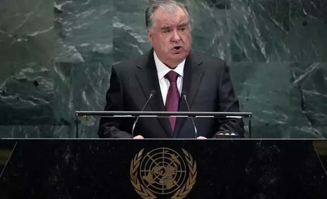 President of Tajikistan, Emomali Rahmon, addresses the 80th session of the United Nations General Assembly, Tuesday, Sept. 23, 2025, at U.N. headquarters. (AP Photo/Pamela Smith)