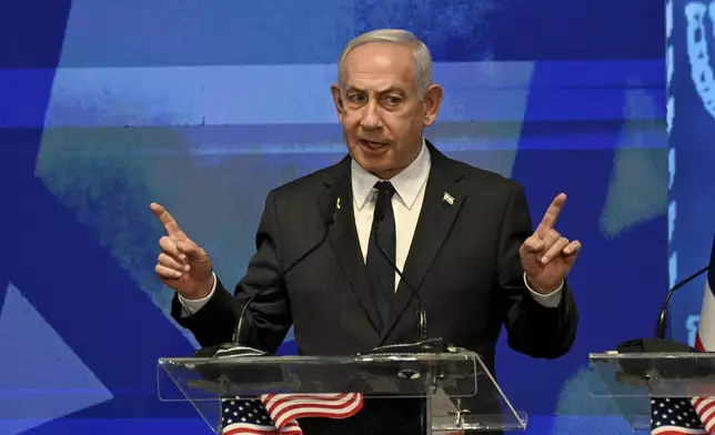 Israeli Prime Minister Benjamin Netanyahu speaks at the opening event of the bipartisan delegation of American legislators to Israel in Jerusalem, Monday, Sept. 15, 2025. (Debbie Hill/Pool Photo via AP)