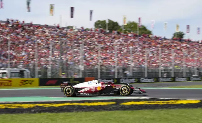 Ferrari driver Charles Leclerc of Monaco steers his car during the Italian Grand Prix race at the Monza racetrack in Monza, Italy, Sunday, Sept. 7, 2025. (AP Photo/Luca Bruno)