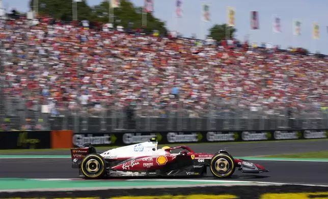 Ferrari driver Lewis Hamilton of Britain steers his car during the third free practice ahead of the Italian Grand Prix at the Monza racetrack in Monza, Italy, Saturday, Sept. 6, 2025. (AP Photo/Luca Bruno)