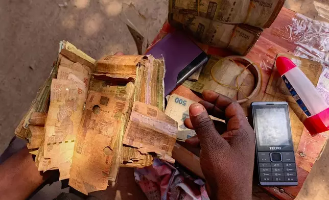 A close-up of perforated notes, which are rejected in Bukavu, Democratic Republic of the Congo, Friday, Aug 29, 2025. (AP Photo)