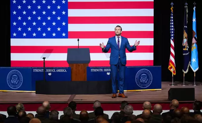 Secretary of Defense Pete Hegseth speaks to senior military leaders at Marine Corps Base Quantico, Tuesday, Sept. 30, 2025 in Quantico, Va. (Andrew Harnik/Pool via AP)