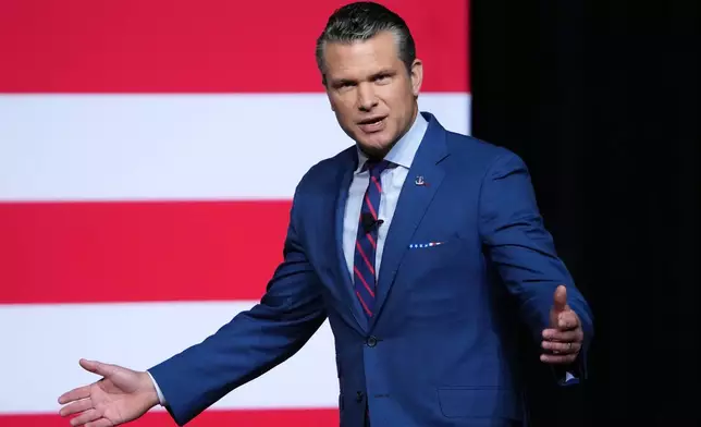 Secretary of Defense Pete Hegseth speaks to senior military leaders at Marine Corps Base Quantico, Tuesday, Sept. 30, 2025 in Quantico, Va. (Andrew Harnik/Pool via AP)