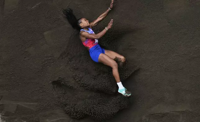 United States' Michelle Atherley competes during the heptathlon long jump at the World Athletics Championships in Tokyo, Saturday, Sept. 20, 2025. (AP Photo/Bernat Armangue)