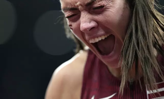 Latvia's Anete Sietina reacts after an attempt in the women's javelin throw final at the World Athletics Championships in Tokyo, Saturday, Sept. 20, 2025. (AP Photo/Matthias Schrader)