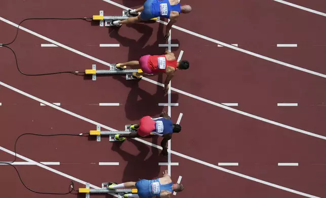 Czech Republic's Ondrej Kopecky, top, makes a false start during the decathlon 100 meters at the World Athletics Championships in Tokyo, Saturday, Sept. 20, 2025. (AP Photo/Bernat Armangue)