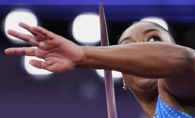 Ecuador's Juleisy Angulo competes in the women's javelin throw final at the World Athletics Championships in Tokyo, Saturday, Sept. 20, 2025. (AP Photo/Ashley Landis)