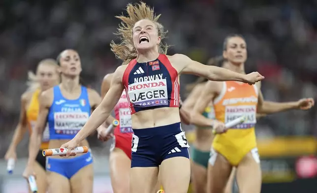 Norway's Henriette Jaeger reacts after finishing a women's 4 X 400 meters relay heat at the World Athletics Championships in Tokyo, Saturday, Sept. 20, 2025. (AP Photo/Petr David Josek)