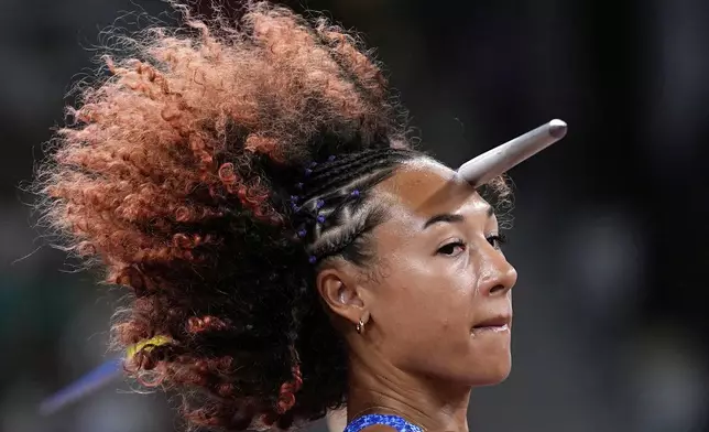 United States' Taliyah Brooks makes an attempt in the heptathlon javelin throw at the World Athletics Championships in Tokyo, Saturday, Sept. 20, 2025. (AP Photo/Matthias Schrader)
