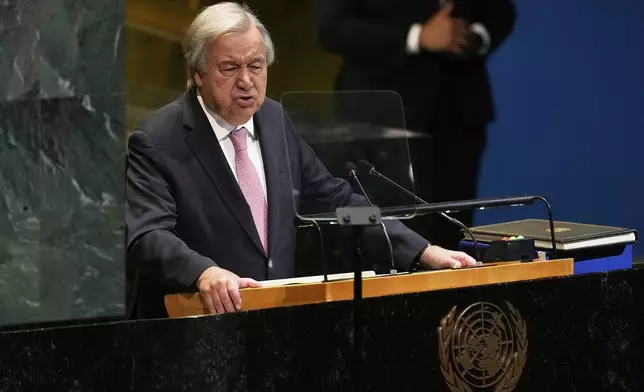 FILE - United Nations Secretary-General Antonio Guterres speaks at United Nations headquarters, Tuesday, Sept. 9, 2025. (AP Photo/Seth Wenig, File)