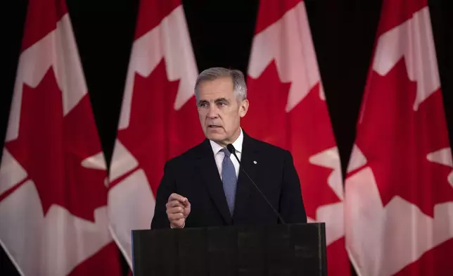 FILE - Canada Prime Minister Mark Carney delivers opening remarks at the Liberal caucus in Edmonton, Alberta, Canada on Wednesday, Sept. 10, 2025. (Amber Bracken/The Canadian Press via AP, File)