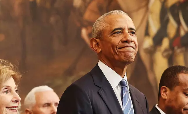 FILE - Former President Barack Obama arrives before the 60th Presidential Inauguration in the Rotunda of the U.S. Capitol in Washington, on Jan. 20, 2025. (Chip Somodevilla/Pool Photo via AP, File)