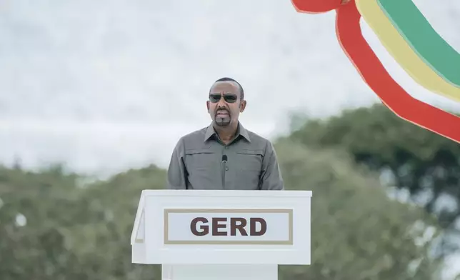 Ethiopia's Prime Minister Abiy Ahmed delivers a speech during the inauguration of the Grand Ethiopian Renaissance Dam in Benishangul-Gumuz, Ethiopia, Tuesday, Sept. 9, 2025. (AP Photo)