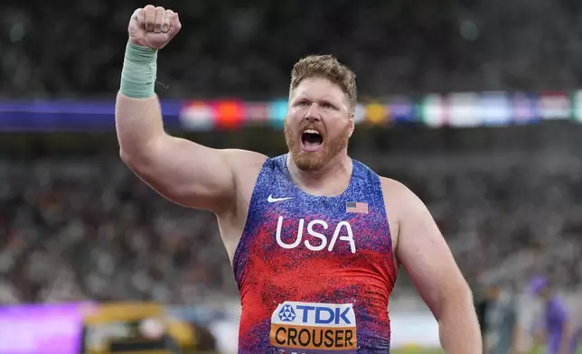 United States' Ryan Crouser reacts as he competes in the men's shot put final at the World Athletics Championships in Tokyo, Saturday, Sept. 13, 2025. (AP Photo/Ashley Landis)
