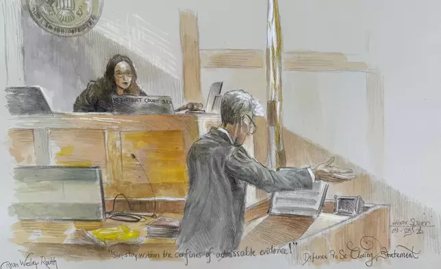 This courtroom sketch shows U.S. District Judge Aileen Cannon listening to Ryan Routh during his trial where he is charged with attempting to assassinate Donald Trump last year at a golf course in South Florida, Tuesday, Sept. 23, 2025, in Fort Pierce, Fla. (Lothar Speer via AP)