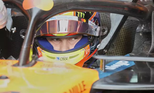 McLaren driver Oscar Piastri of Australia prepares for the first training for the Azerbaijan Formula One Grand Prix in Baku, Azerbaijan, Friday, Sept. 19, 2025. (AP Photo/Darko Bandic)