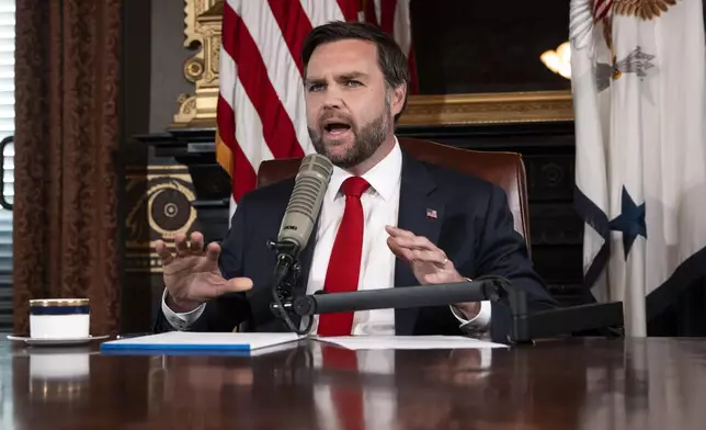 Vice President JD Vance hosts an episode of "The Charlie Kirk Show" at the White House, following the assassination of the show's namesake, Monday, Sept., 15, 2025, in Washington. (Doug Mills/The New York Times via AP, Pool)