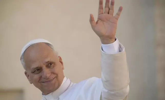 Pope Leo XIV arrives in St. Peter's Square at the Vatican for an open-air jubiliar audience Saturday, Sept. 6, 2025. (AP Photo/Andrew Medichini)