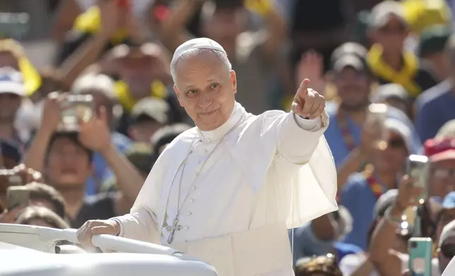 Pope Leo XIV arrives in St. Peter's Square at the Vatican for an open-air jubiliar audience Saturday, Sept. 6, 2025. (AP Photo/Andrew Medichini)