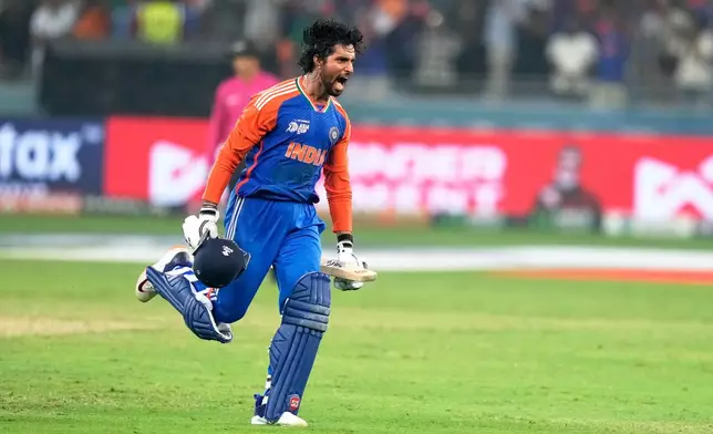 India's Tilak Varma reacts after India won the Asia Cup cricket final against Pakistan at Dubai International Cricket Stadium, United Arab Emirates, Sunday, Sept. 28, 2025. (AP Photo/Altaf Qadri)