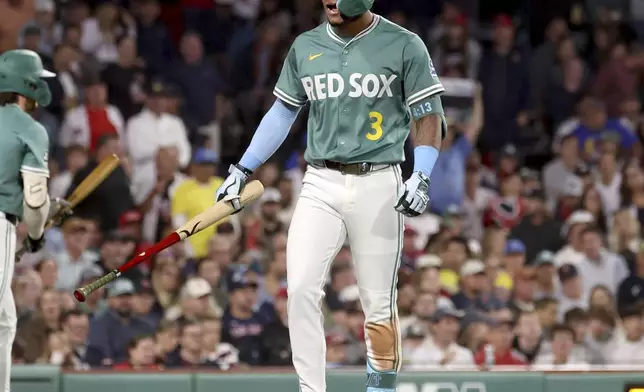Boston Red Sox's Ceddanne Rafaela reacts after striking out during the fifth inning of a baseball game against the New York Yankees, Friday, Sept. 12, 2025, in Boston. (AP Photo/Mark Stockwell)