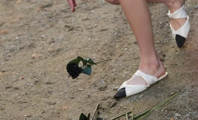 A model wears a creation as part of the Francesca Liberatore Spring/Summer 2026 collection as she drops a black rose, in Milan, Italy, Sunday, Sept. 28, 2025. (AP Photo/Antonio Calanni)