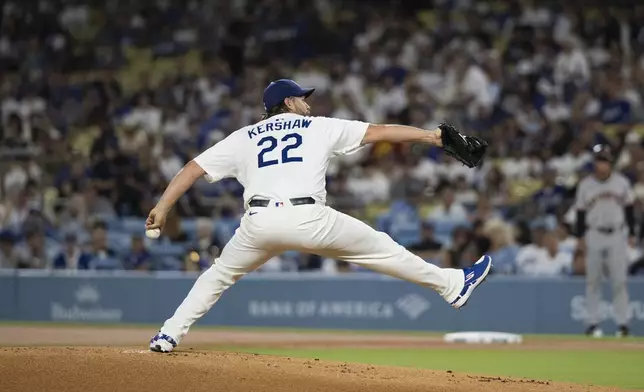 Los Angeles Dodgers starting pitcher Clayton Kershaw delivers during the first inning of a baseball game against the San Francisco Giants, in Los Angeles, Friday, Sept. 19, 2025. (AP Photo/Kyusung Gong)