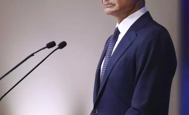 Greece's Prime Minister Kyriakos Mitsotakis delivers a speech during Thessaloniki's international trade fair, at the northern city of Thessaloniki, Greece, Saturday, Sept. 6, 2025. (AP Photo/Giannis Papanikos)