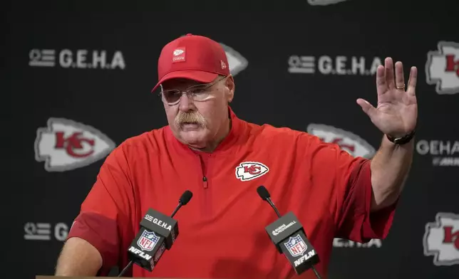 Kansas City Chiefs head coach Andy Reid speaks during a news conference following an NFL football game against the Philadelphia Eagles Sunday, Sept. 14, 2025, in Kansas City, Mo. (AP Photo/Charlie Riedel)