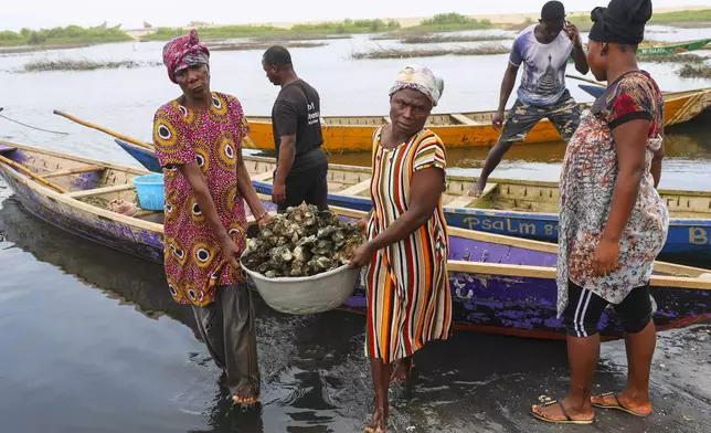 Women offload oysters from a canoe at Tsokomey, Ghana, Aug. 6, 2025. (AP Photo/Misper Apawu)