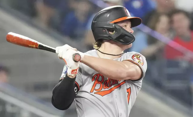 Baltimore Orioles' Jackson Holliday (7) hits an RBI single against the Toronto Blue Jays during third inning MLB baseball action in Toronto, Friday Sept. 12, 2025. (Chris Young/The Canadian Press via AP)
