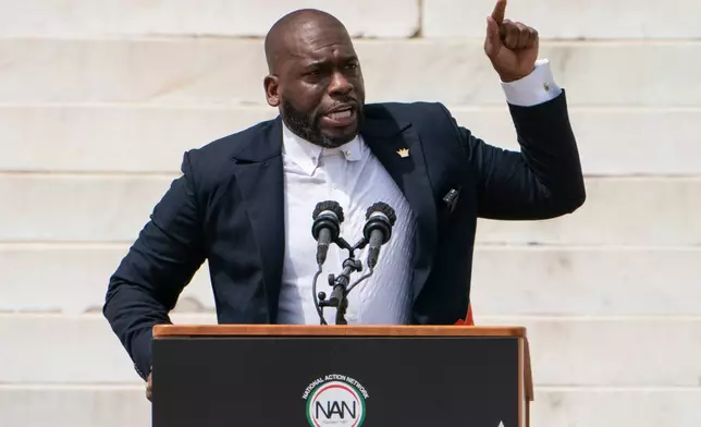 FILE - Jamal Bryant, senior pastor of New Birth Missionary Baptist Church, speaks during the March on Washington, Aug. 28, 2020, on the 57th anniversary of the Rev. Martin Luther King Jr.'s "I Have A Dream" speech, at the Lincoln Memorial in Washington. (AP Photo/Jacquelyn Martin, Pool, File)
