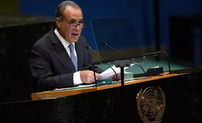 Minister for Foreign Affairs, Emigration and Egyptian Expatriates of Egypt Badr Ahmed Mohamed Abdelatty addresses the 80th session of the United Nations General Assembly, Saturday, Sept. 27, 2025, at U.N. headquarters. (AP Photo/Pamela Smith)