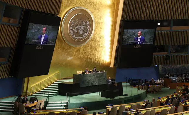 Oman Foreign Minister Badr al-Busaidi addresses the 80th session of the United Nations General Assembly, Saturday, Sept. 27, 2025, at U.N. headquarters. (AP Photo/Pamela Smith)