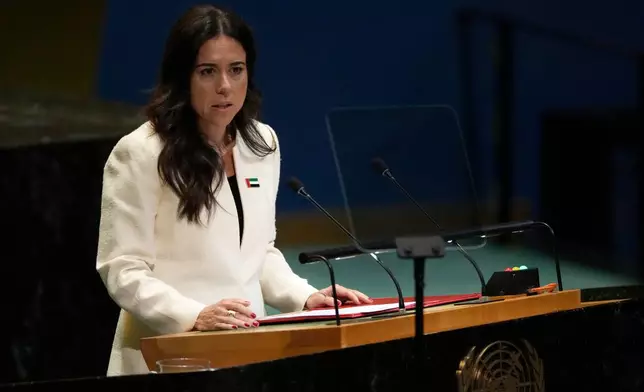 Minister for Foreign Affairs of the United Arab Emirates Lana Nusseibeh addresses the 80th session of the United Nations General Assembly, Saturday, Sept. 27, 2025, at U.N. headquarters. (AP Photo/Pamela Smith)
