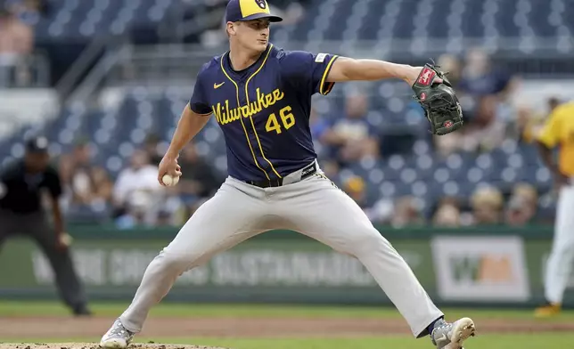 Milwaukee Brewers pitcher Quinn Priester delivers during the first inning of a baseball game against the Pittsburgh Pirates, Friday, Sept. 5, 2025, in Pittsburgh. (AP Photo/Matt Freed)