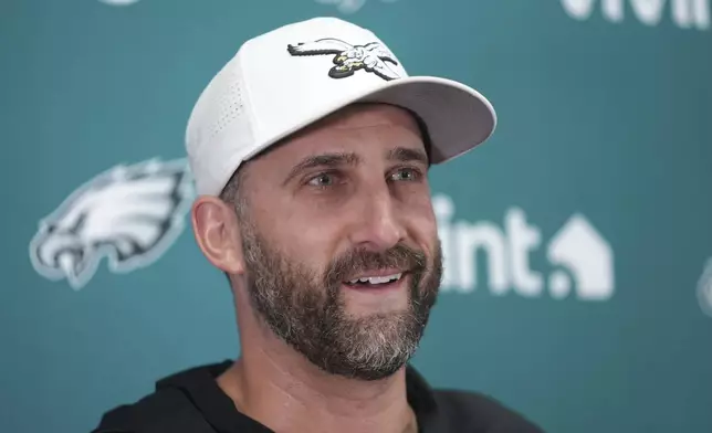 Philadelphia Eagles head coach Nick Sirianni speaks during a news conference following an NFL football game against the Kansas City Chiefs Sunday, Sept. 14, 2025, in Kansas City, Mo. (AP Photo/Ed Zurga)