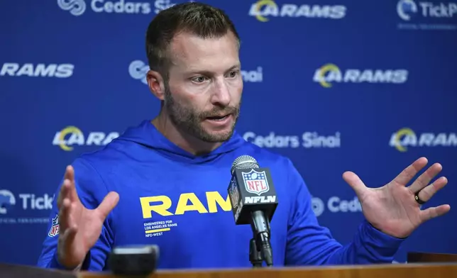 Los Angeles Rams head coach Sean McVay speaks during a news conference after the Rams defeated the Tennessee Titans in an NFL football game Sunday, Sept. 14, 2025, in Nashville, Tenn. (AP Photo/John Amis)