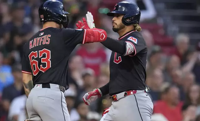 Cleveland Guardians' Gabriel Arias, right, is congratulated by C.J. Kayfus (63) after his two-run home run in the second inning of a baseball game against the Boston Red Sox at Fenway Park, Wednesday, Sept. 3, 2025, in Boston. (AP Photo/Charles Krupa)