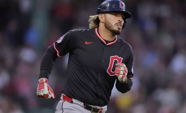 Cleveland Guardians' Gabriel Arias heads down the first base line on his two-run home run in the second inning of a baseball game against the Boston Red Sox at Fenway Park, Wednesday, Sept. 3, 2025, in Boston. (AP Photo/Charles Krupa)