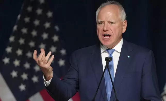 FILE - Minnesota Gov. Tim Walz speaks at the California Democratic Party's 2025 State Convention at the Anaheim Convention Center in Anaheim, Calif., on May, 31, 2025. (AP Photo/Damian Dovarganes, file)