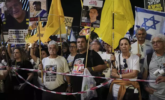 Relatives and supporters of Israeli hostages held in the Gaza Strip attend a rally demanding their release from Hamas captivity and calling for an end to the war, in Jerusalem, Saturday, Sept. 6, 2025. (AP Photo/Mahmoud Illean)