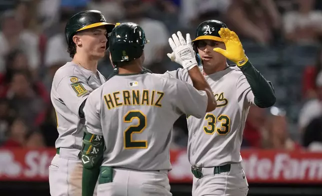 Athletics' JJ Bleday, right, is congratulated by Zack Gelof, left, and Darell Hernaiz after hitting a three-run home run during the third inning of a baseball against the Los Angeles Angels, game Friday, Sept. 5, 2025, in Anaheim, Calif. (AP Photo/Mark J. Terrill)