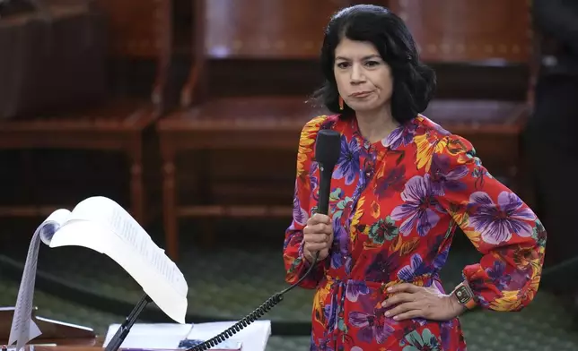 Texas state Sen. Carol Alvarado, D-Houston, speaks against a bill that would add new abortion restrictions, Wednesday, Sept. 3, 2025, in Austin, Texas. (AP Photo/Eric Gay)