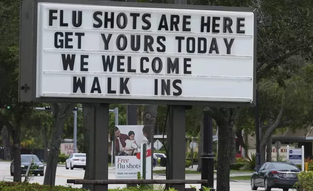 A sign at a Walgreens pharmacy offering flu shots is seen, Thursday, Sept. 4, 2025, in Miami Shores, Fla. (AP Photo/Marta Lavandier)