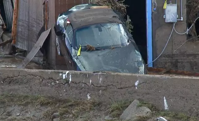 Damage from flooding in Globe, Ariz., is seen on Saturday morning, Sept. 27, 2025. (Adam Klepp/KNXV-TV - ABC15 Arizona via AP)